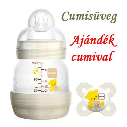 MAM anti-colic cumisüveg /130ml/ + ajándék játszócumi /krém szín,macis mintával/